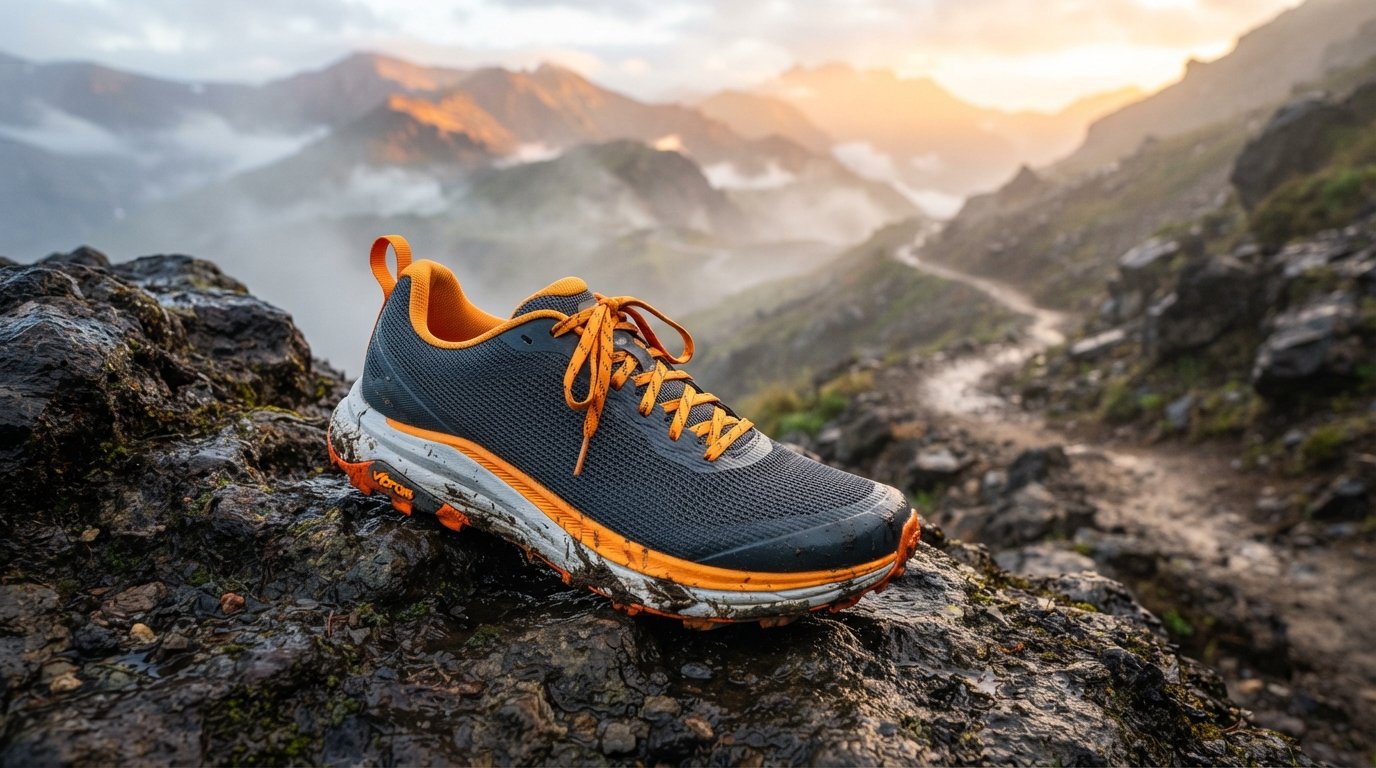 Nano Banana 2 Lite campaign image of a trail running shoe on volcanic rock at sunrise