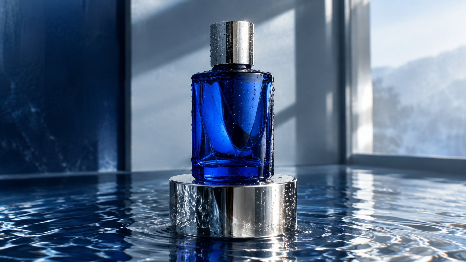 AI-generated cobalt-blue fragrance bottle on a chrome pedestal above rippling water