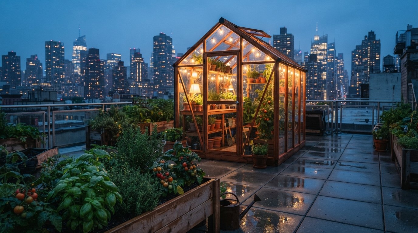 Nano Banana 2 Lite editorial image of a compact rooftop greenhouse at blue hour