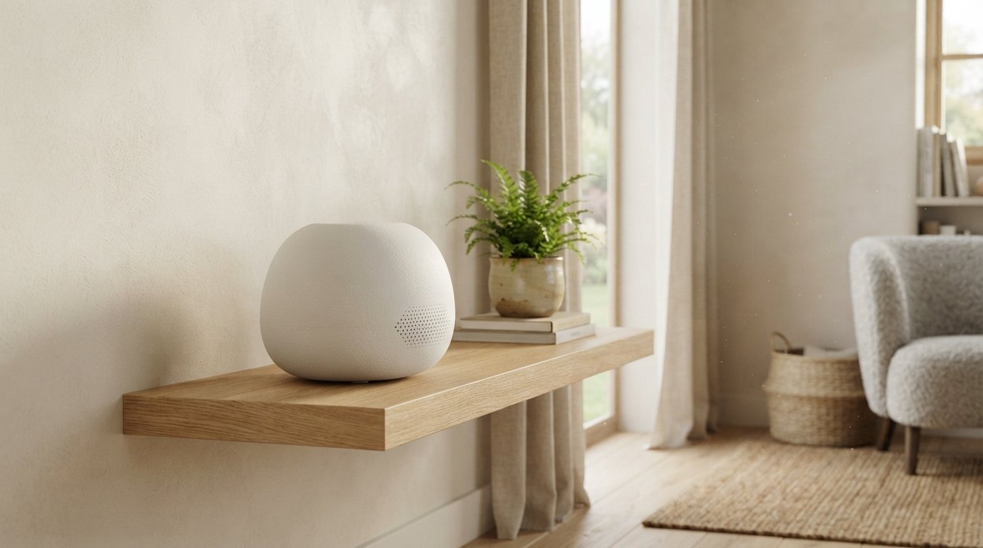 Nano Banana 2 Lite product scene exploration with a compact ceramic air purifier in a calm room