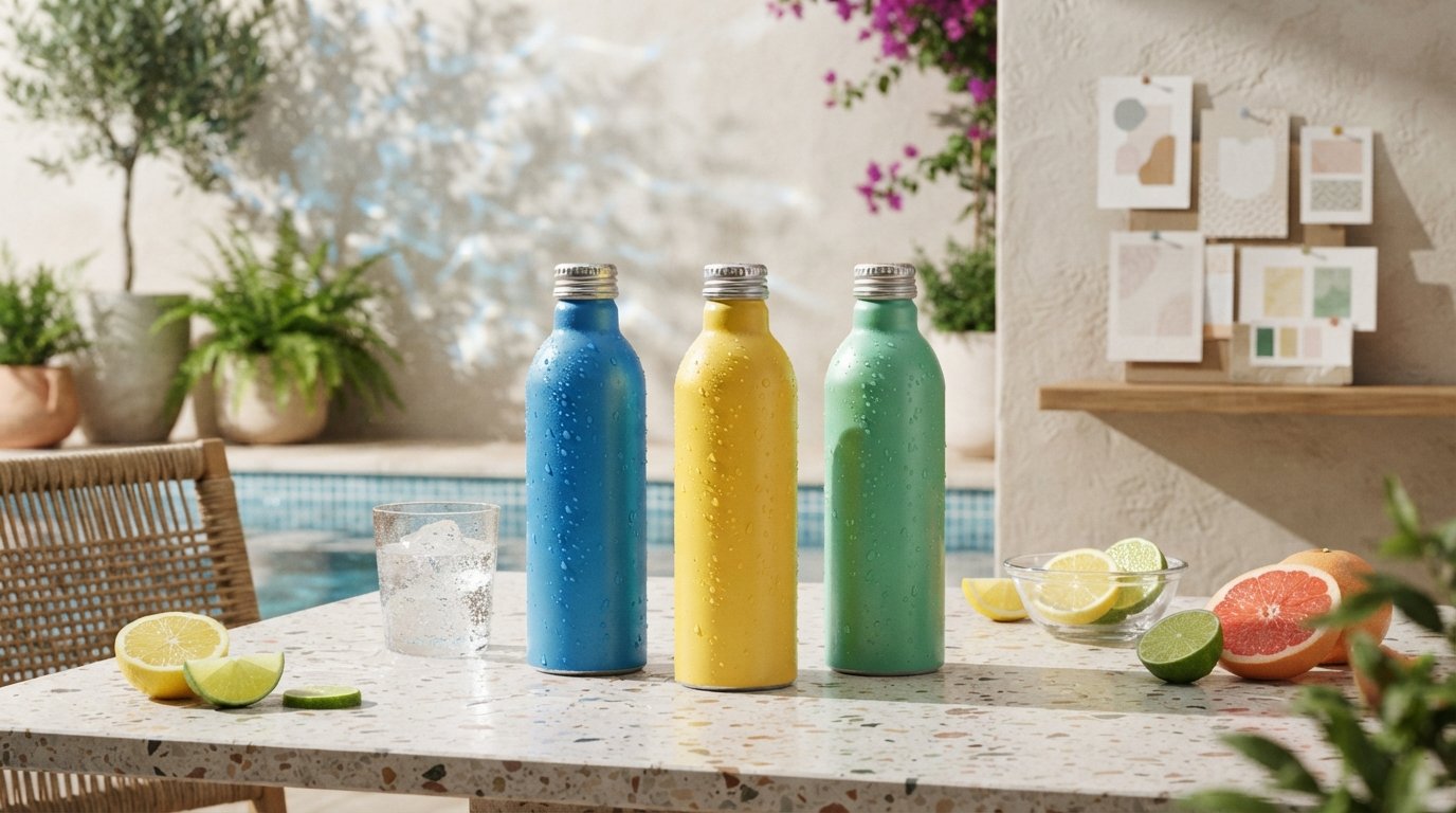 Nano Banana 2 Lite campaign concept draft for a sparkling water brand with colorful bottles