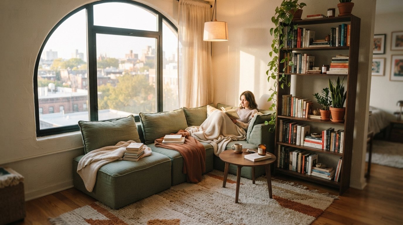 Nano Banana 2 Lite interior lifestyle ideation image of a compact urban reading nook
