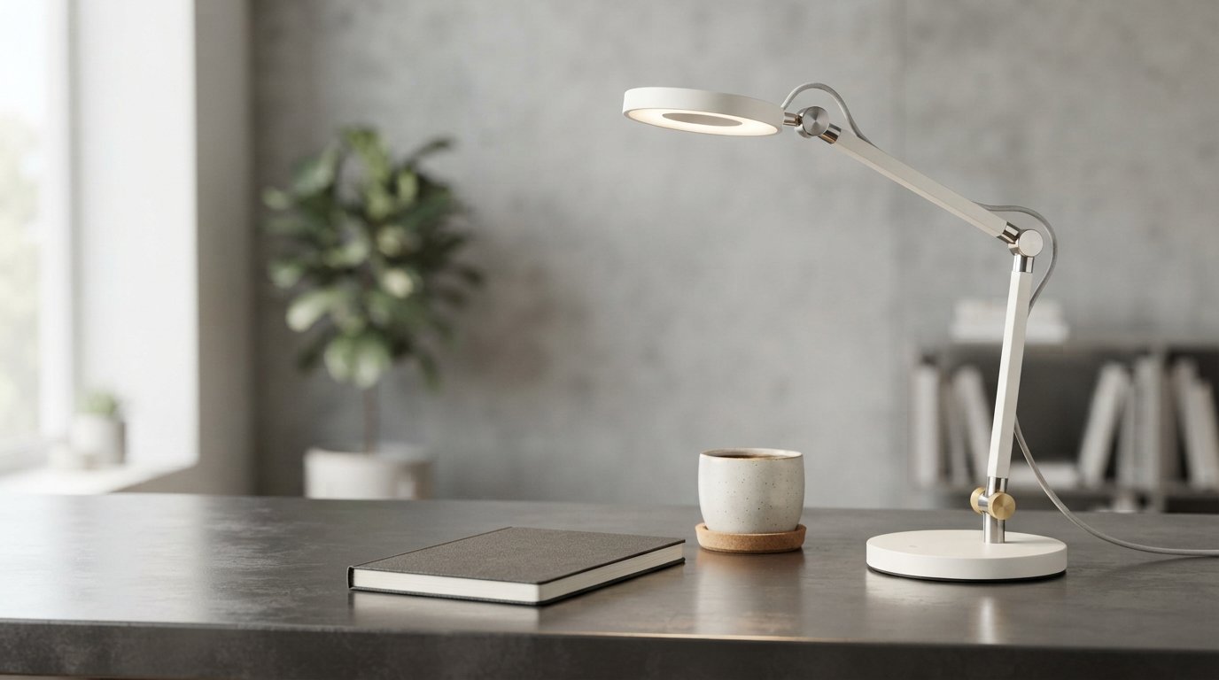 Nano Banana 2 Lite product hero image of a warm white modular desk lamp on a graphite desk