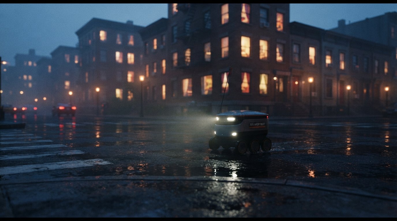 Nano Banana 2 Lite cinematic previsualization frame of a delivery robot crossing a rainy street