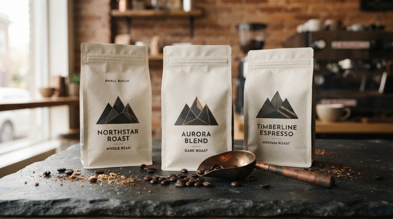 Nano Banana 2 Lite packaging concept image with matte ivory coffee bags on a stone counter