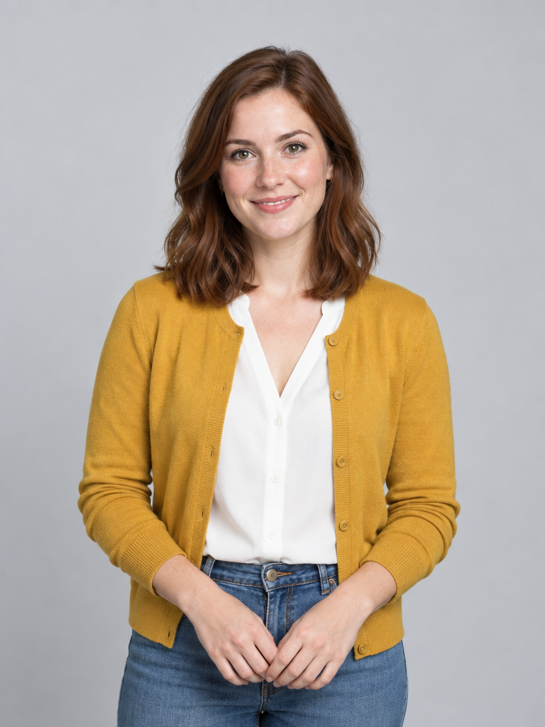 Clear waist-up reference portrait of a fictional adult daughter with visible face and outfit
