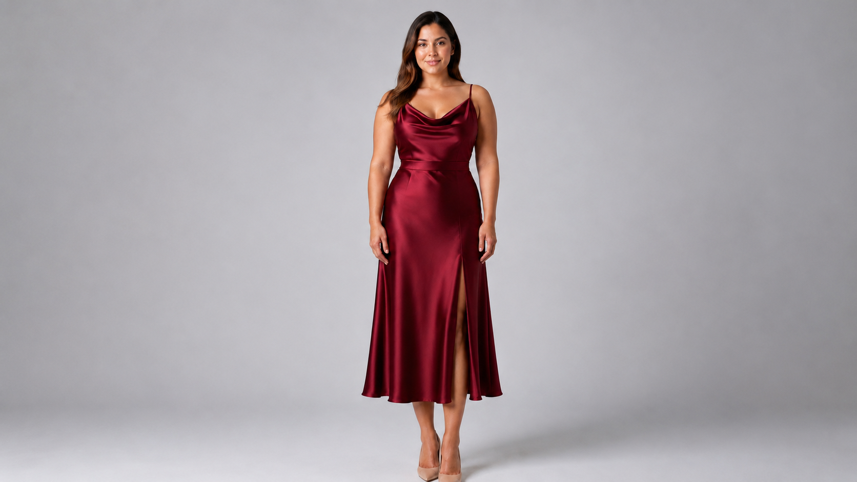 Burgundy Evening Dress 16:9 AI virtual try on result